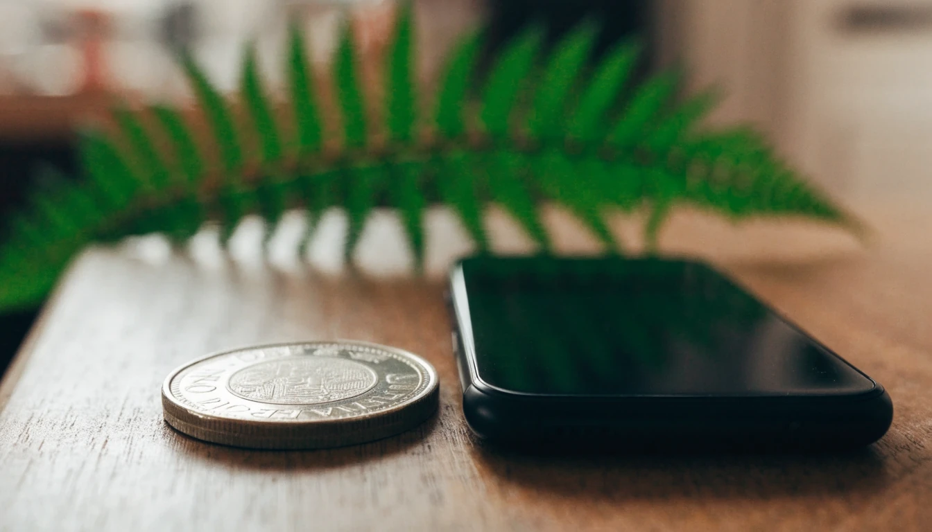 A New Zealand one-dollar coin beside a smartphone on a wooden table.