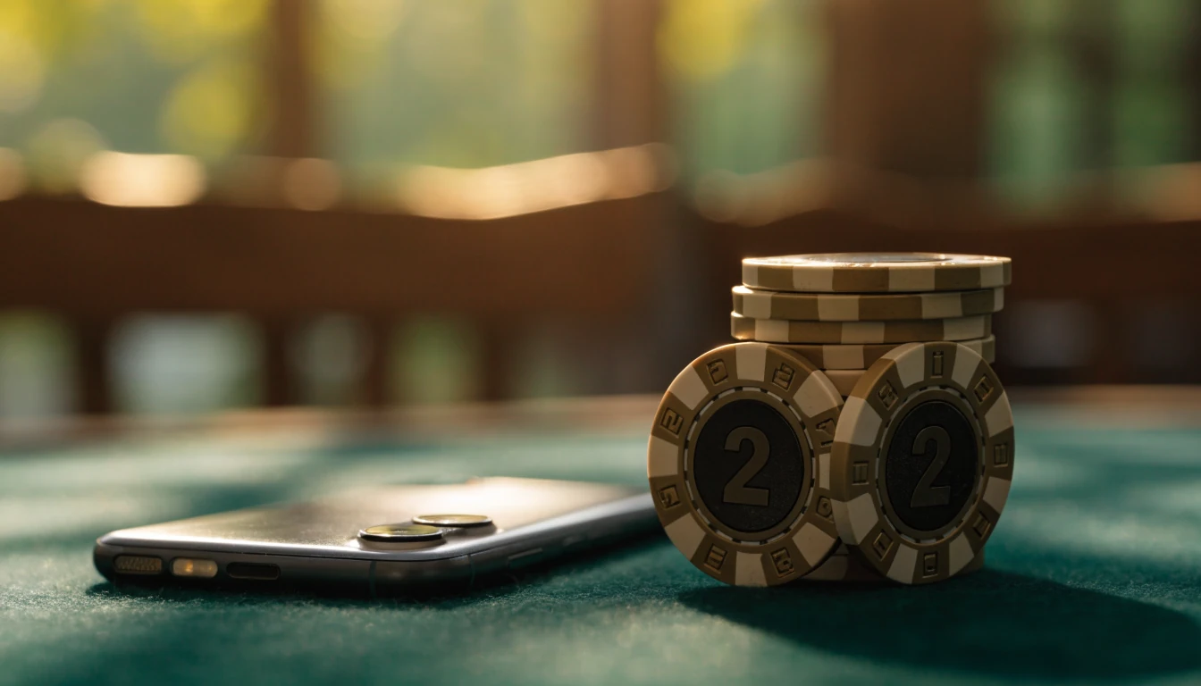 Casino chip stack beside a face-down smartphone on dark felt surface