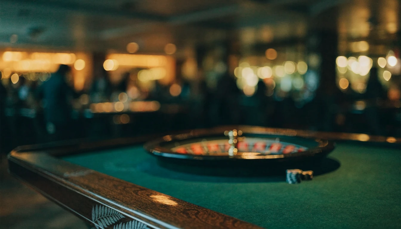 Casino roulette table with chips in moody green and gold lighting, New Zealand themed.