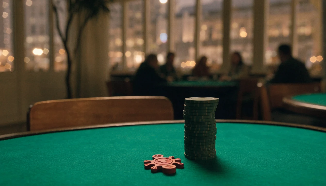 Casino chips with a greenstone charm on a green felt table in a New Zealand lounge