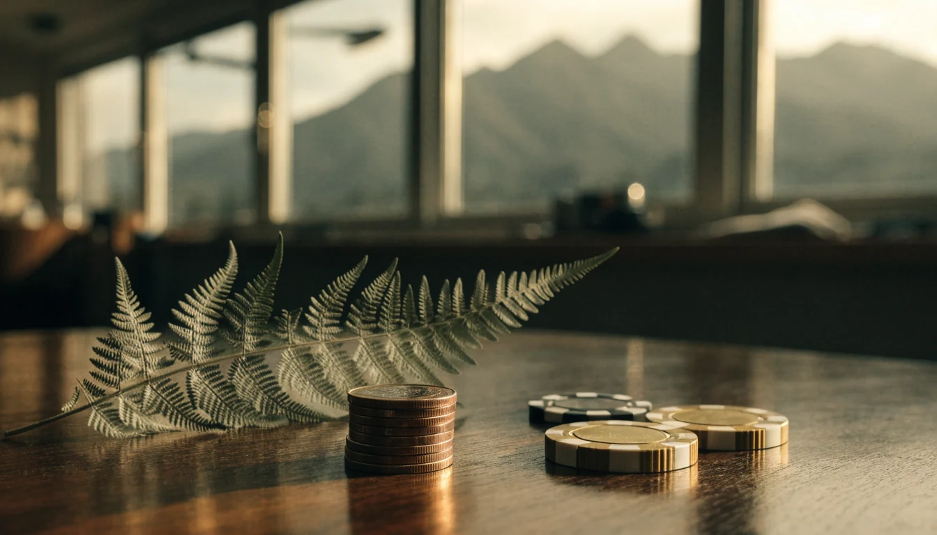 New Zealand two-dollar coins with casino chips and a silver fern leaf on a wooden table