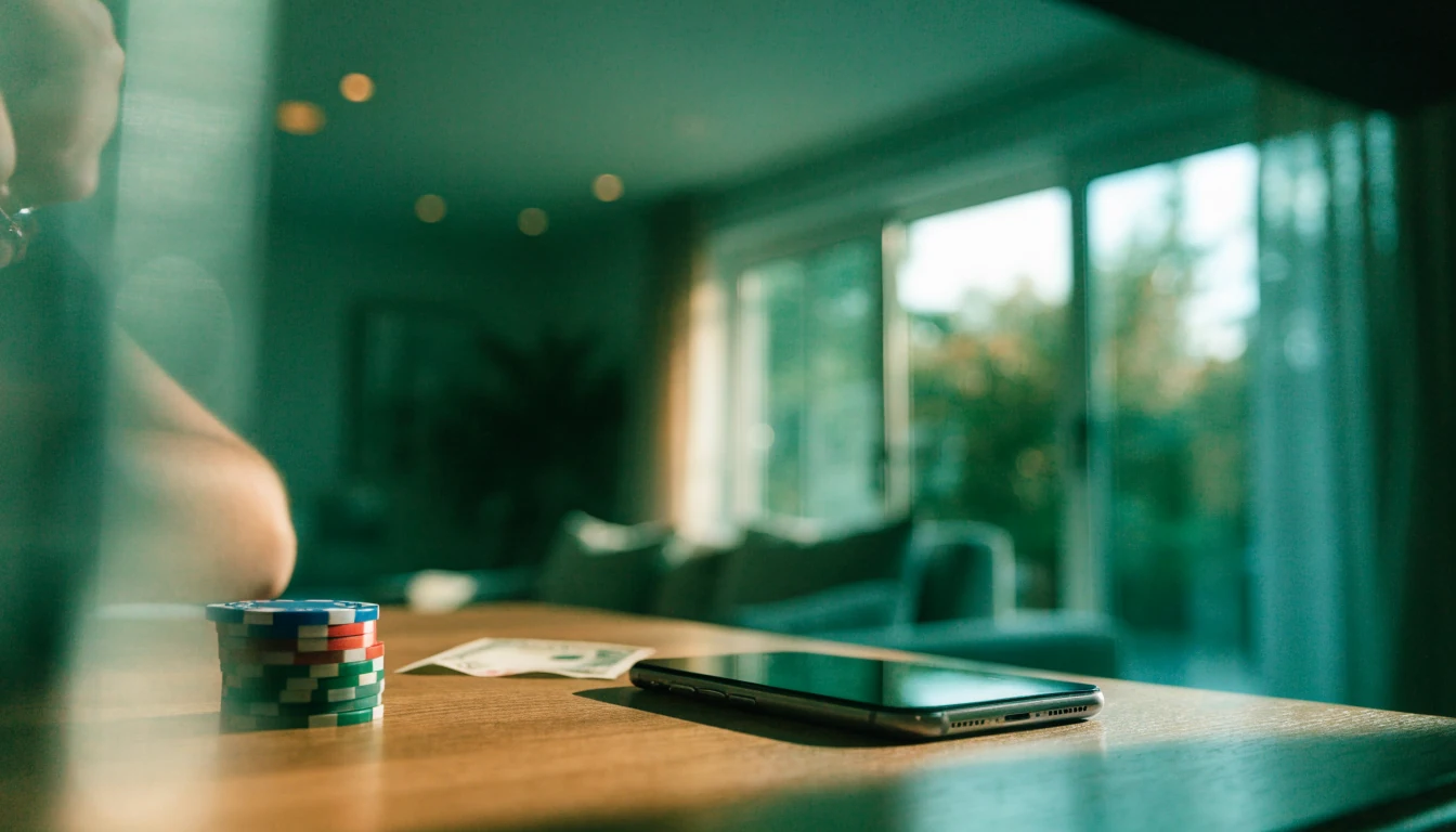 Smartphone on table with casino chips and NZ$20 banknote
