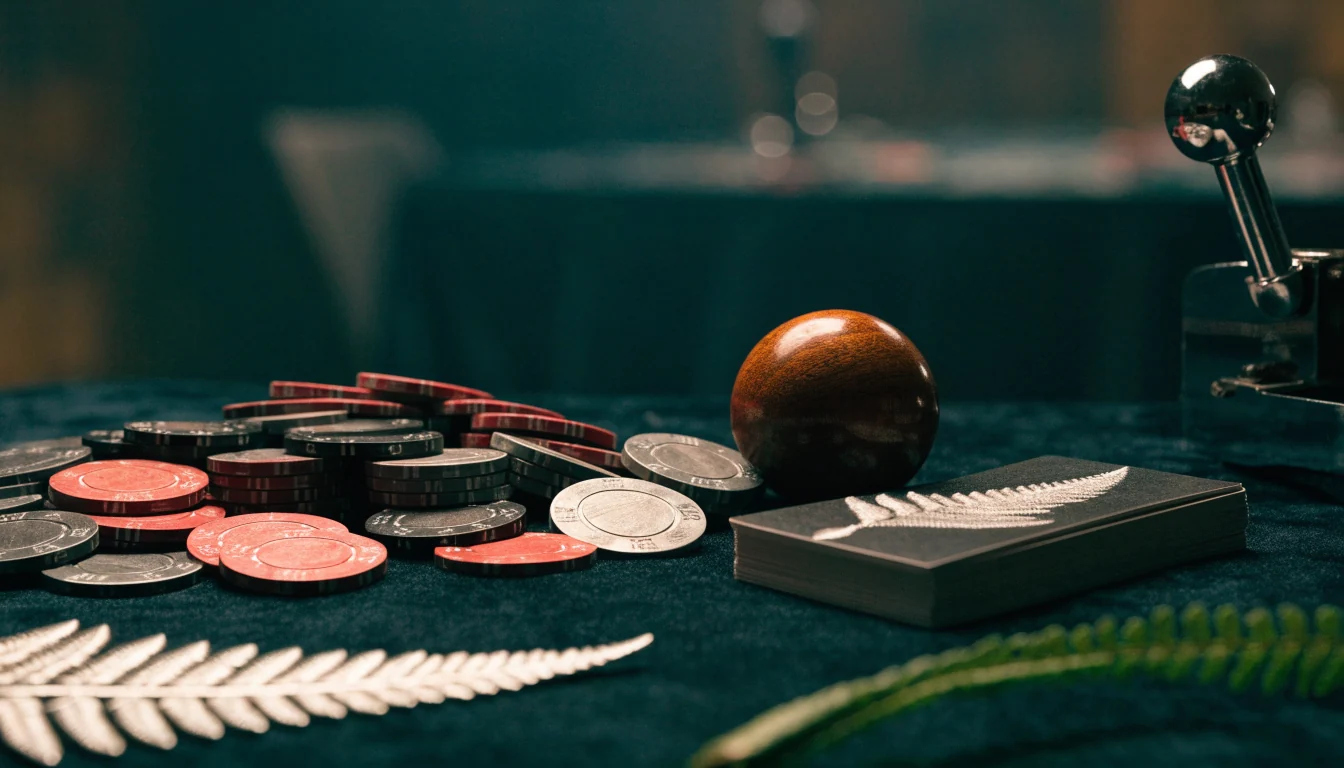 Casino chips, roulette ball, and silver fern on a velvet table