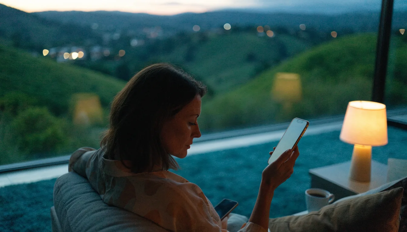 Relaxed New Zealand woman with smartphone in cozy lounge at twilight