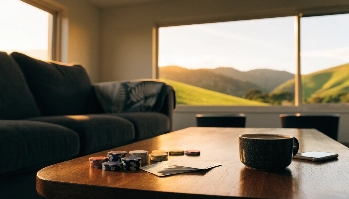 Casino chips and cards on a coffee table in a cozy New Zealand home at sunset