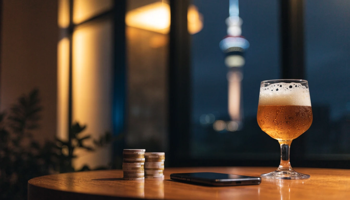 Casino chips, a phone, and Auckland Sky Tower window view at night