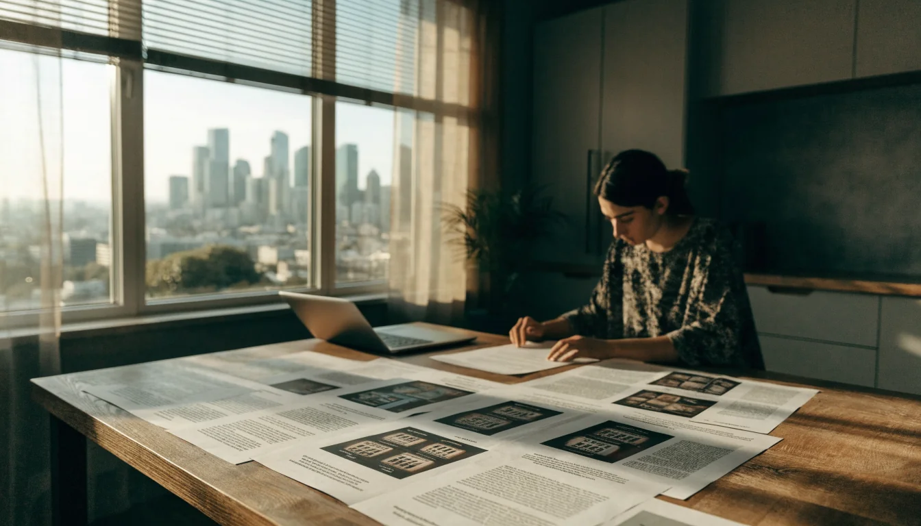 Person reviewing printed casino information documents at a desk in New Zealand