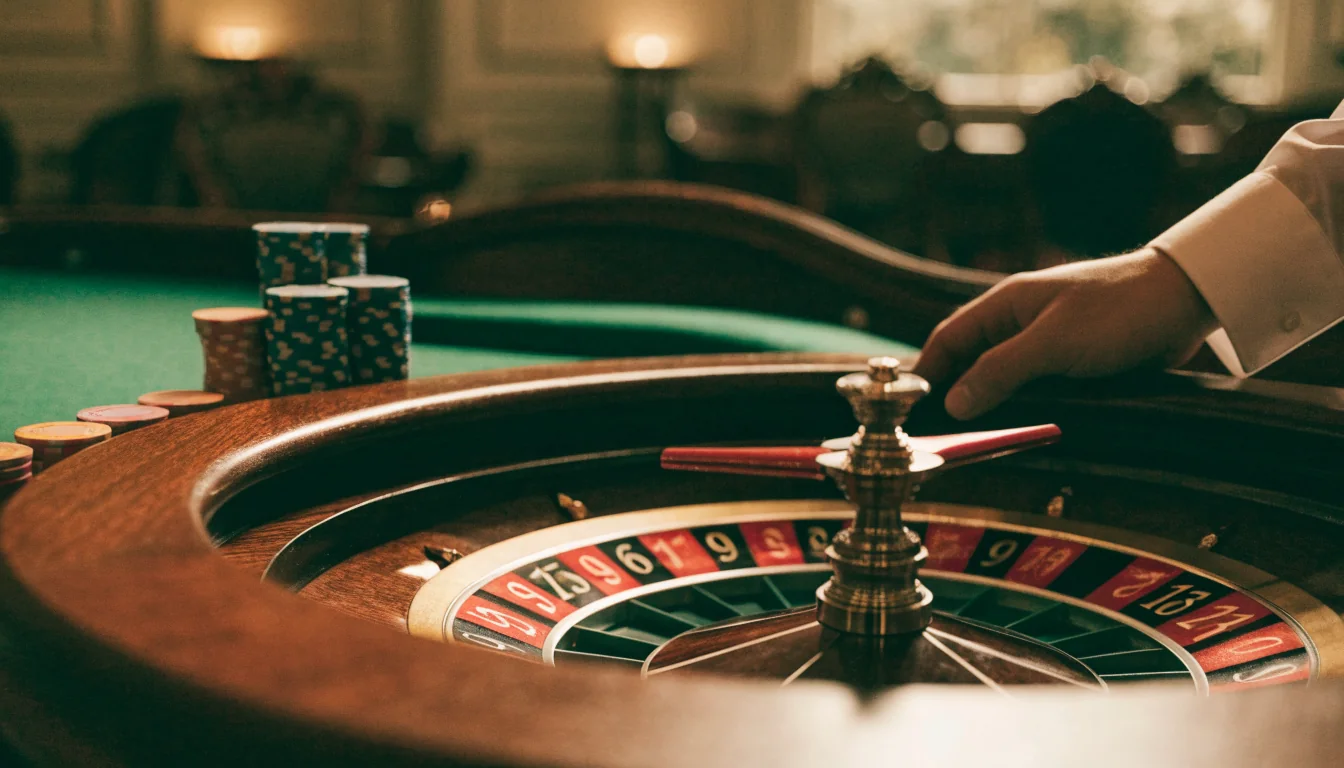 American roulette wheel on a casino table with chips