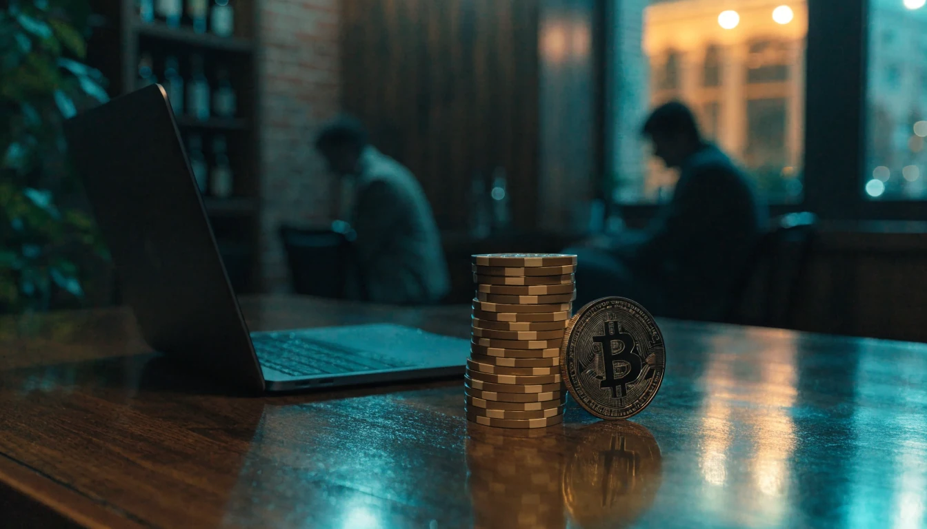 Anonymous Bitcoin casino chips and a coin beside a closed laptop in a dim New Zealand lounge.