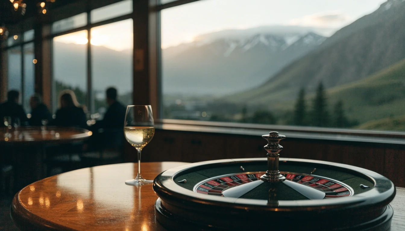 Roulette wheel on a casino table with New Zealand landscape through the window