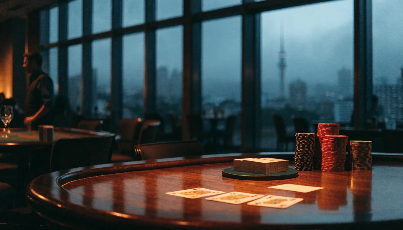 Elegant New Zealand casino lounge with a blackjack table and warm amber lighting