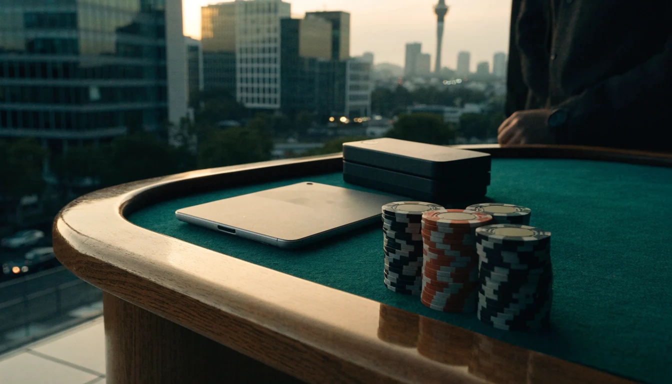 Auckland skyline with a casino table, chips, and a face-down tablet at golden hour
