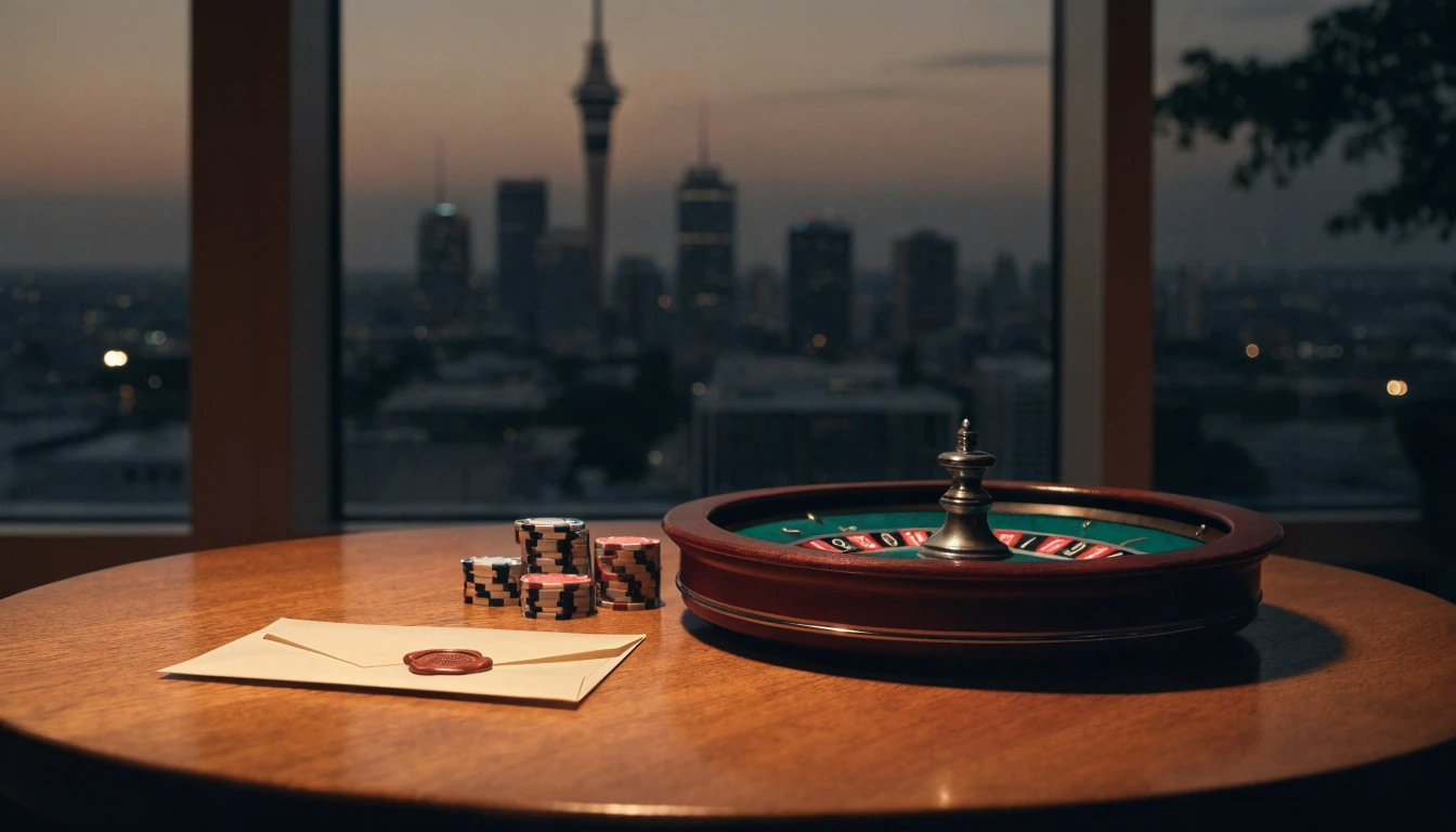 Casino chips and sealed envelope on a table with Auckland skyline at dusk