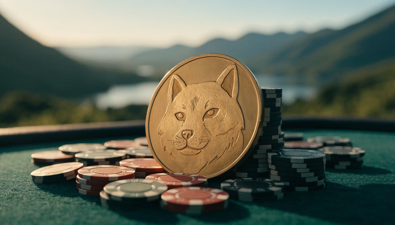 Golden Dogecoin token with casino chips against New Zealand landscape
