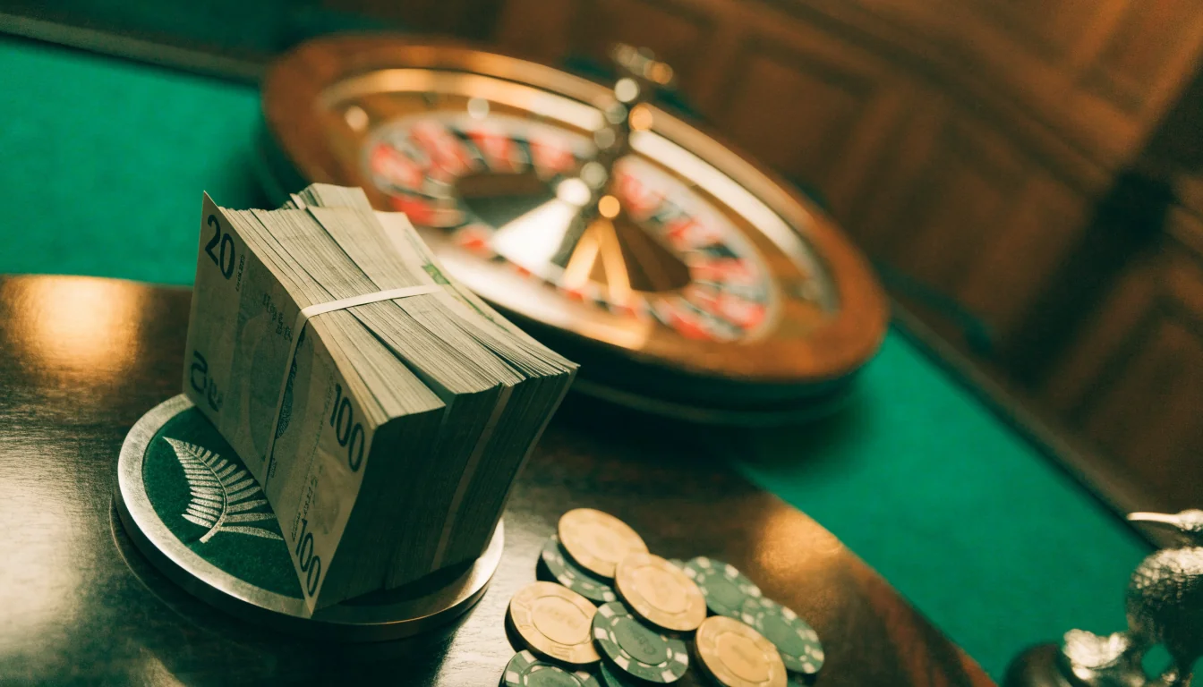 NZD banknotes and casino chips on a wooden table with a roulette wheel background