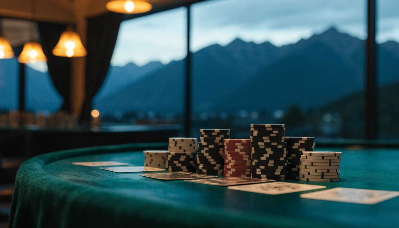 Casino card table with stacked chips against New Zealand mountain dusk backdrop
