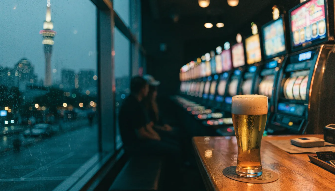 Glowing slot machines inside a New Zealand casino with city skyline view