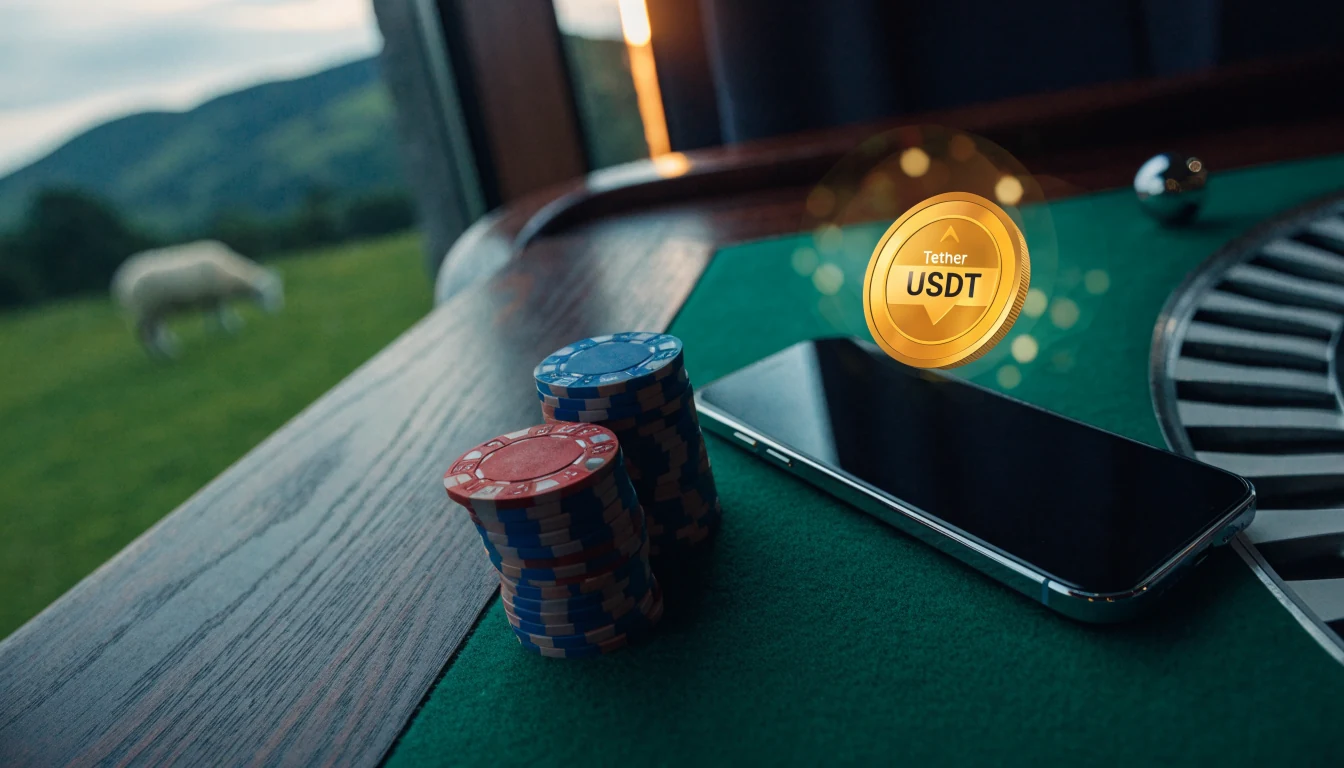 USDT coin, smartphone and casino chips on a table with New Zealand hills in background