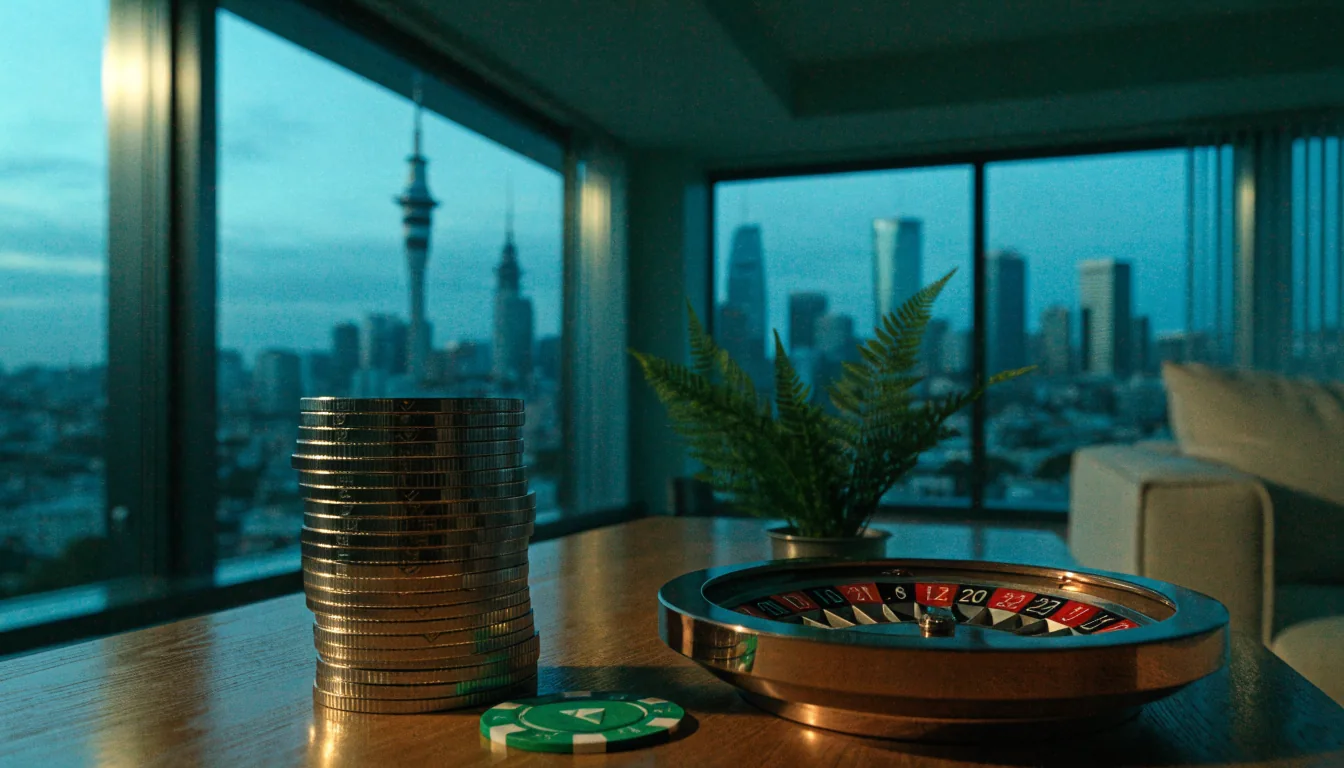 Ethereum coins and casino chips on a table with Auckland skyline behind the window