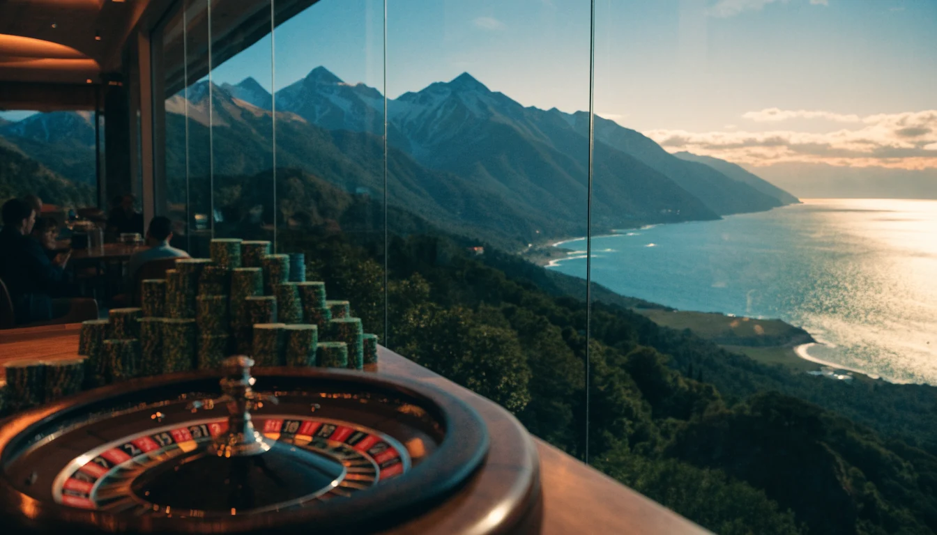 Casino chips and roulette wheel on a table with New Zealand coastal mountain view through windows