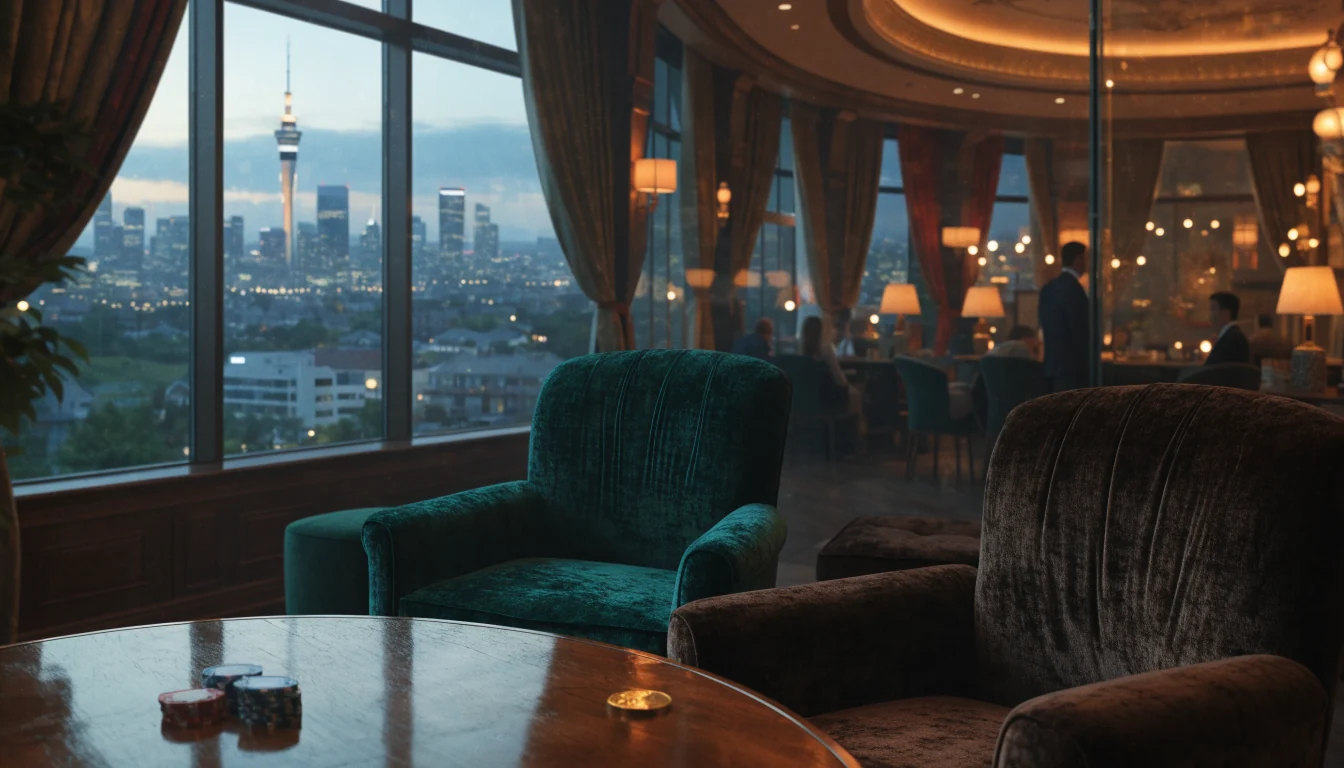 Stylized New Zealand casino lounge interior with chips and city skyline view