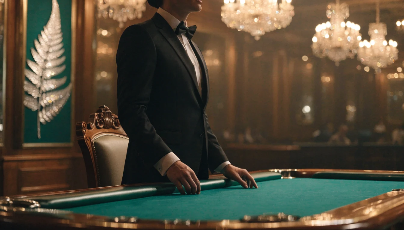 Elegant live casino studio with croupier and blackjack table in New Zealand setting