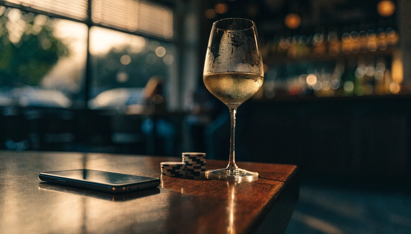 Smartphone face-down on a bar table with casino chips and wine glass in New Zealand setting.