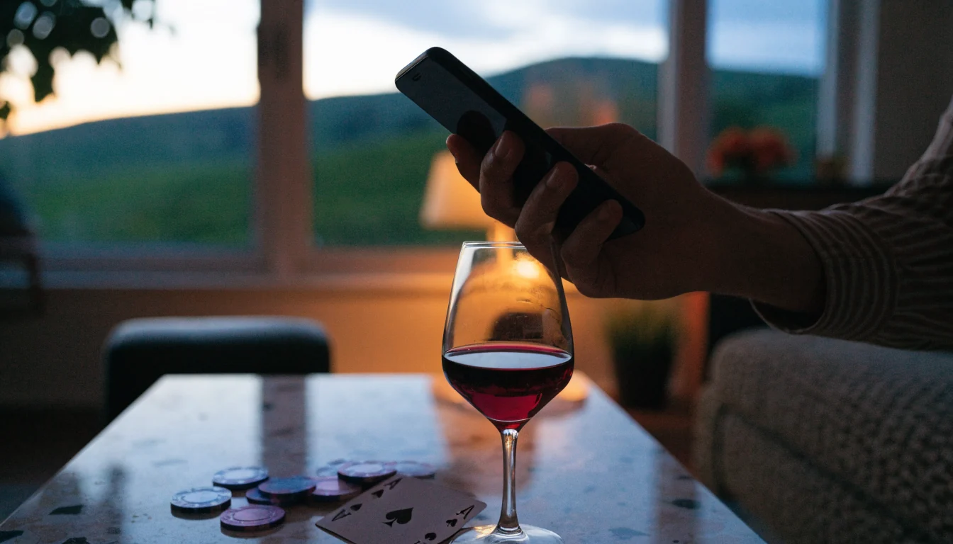 Hand holding an Android phone near casino chips at a New Zealand home