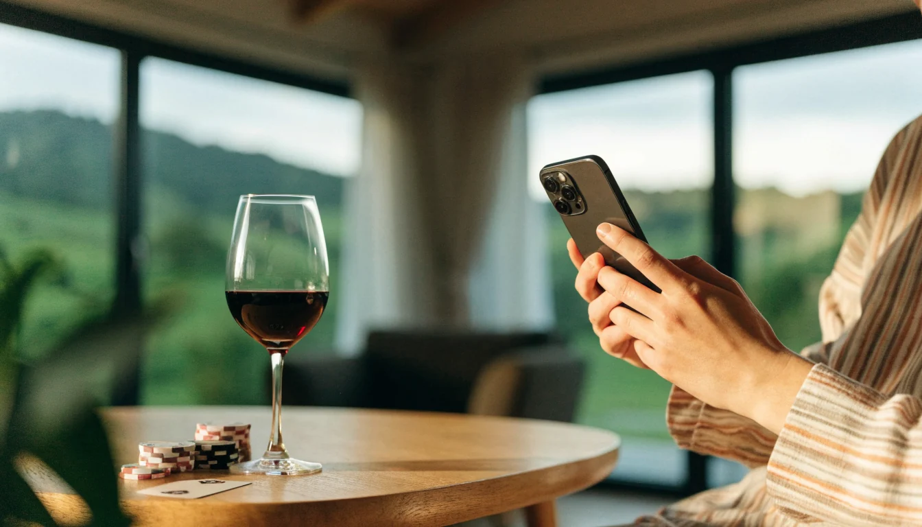 Hands holding an iPhone at home in New Zealand with casino chips on the table