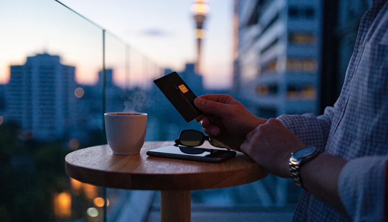 Hands holding a credit card on an Auckland balcony at dusk