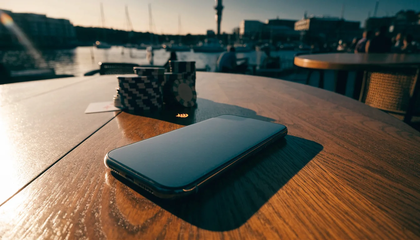 Smartphone with contactless payment beside casino chips at Auckland waterfront
