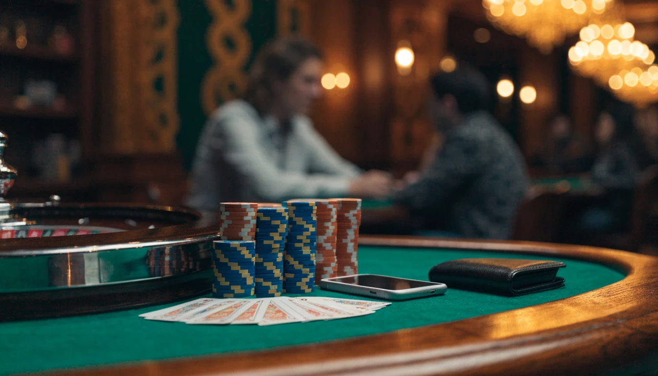 Casino table with chips, roulette and face-down smartphone in a New Zealand-style venue