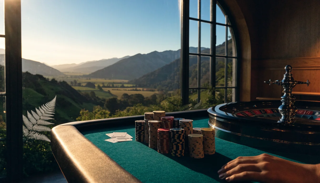 Casino table with chips and roulette wheel, New Zealand landscape visible through window