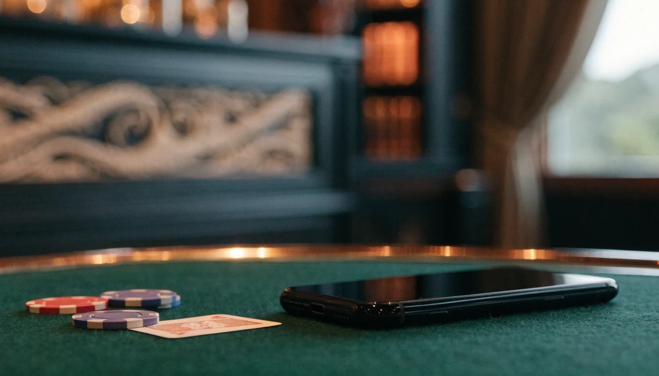 Smartphone face-down on a casino table with chips and a card, New Zealand lounge ambiance