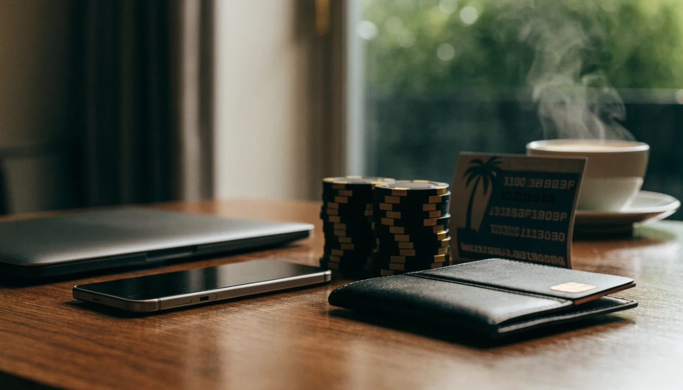 Casino chips, closed laptop, face-down phone, and a prepaid voucher on a wooden desk in warm light.
