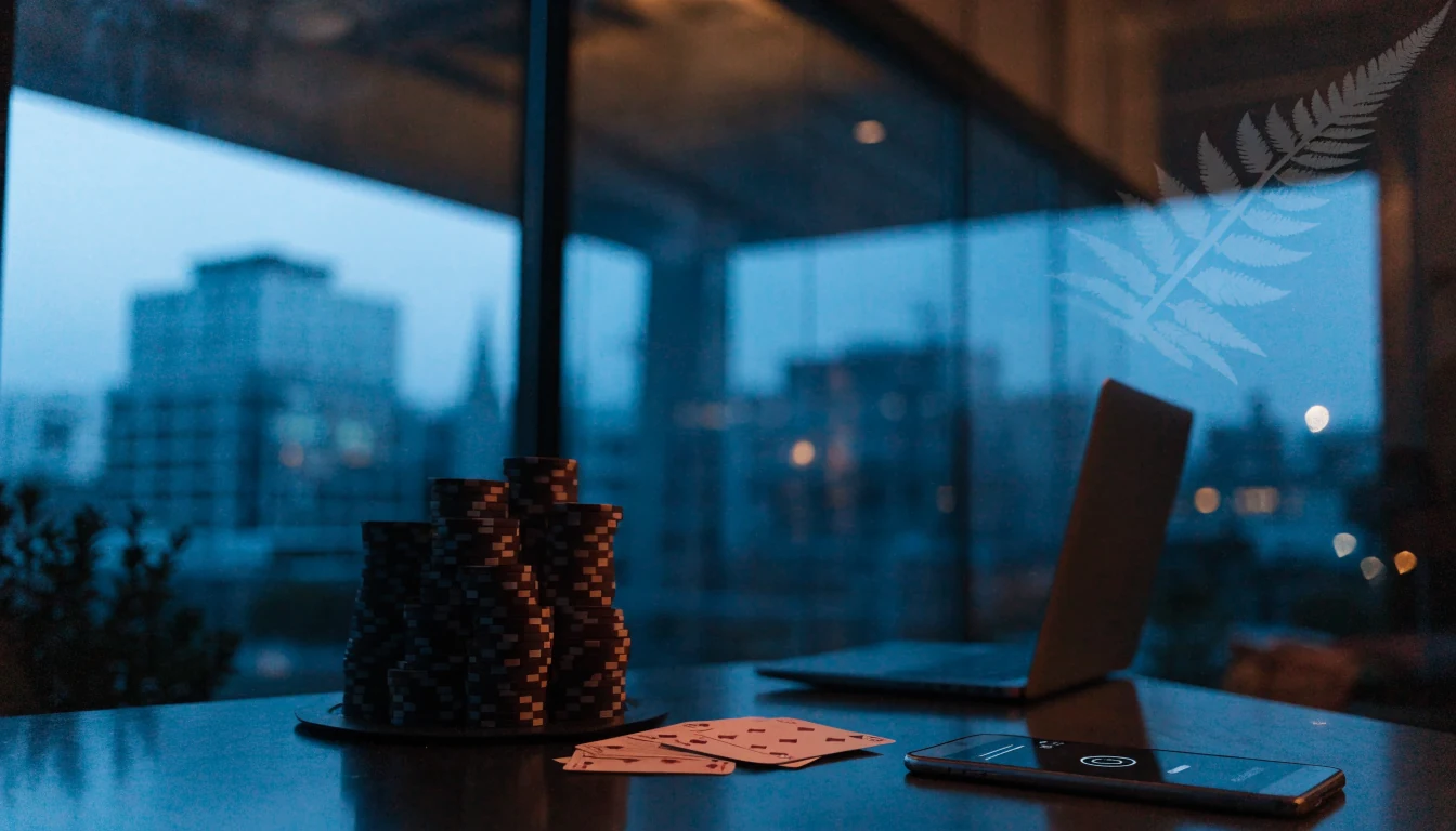Casino chips and cards on a table in a modern New Zealand apartment at dusk.