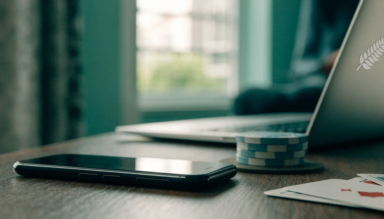 Smartphone with casino chips and cards on a wooden table in New Zealand