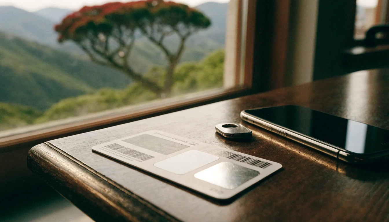 Prepaid voucher card on a table with a New Zealand landscape through the window.