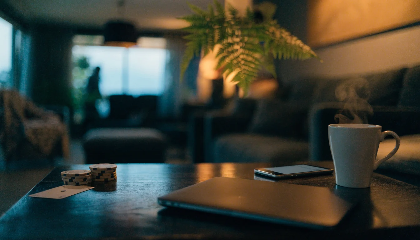 Casino chips and card beside a laptop in a modern New Zealand home at dusk