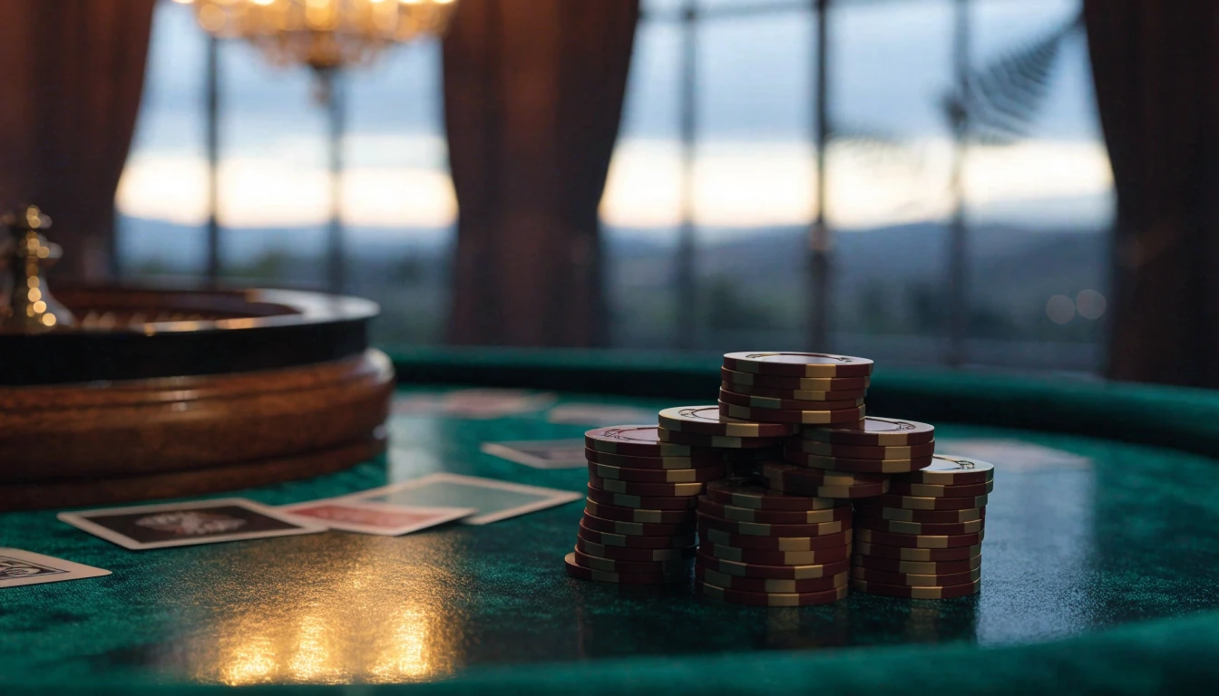 Elegant casino table with chips, roulette wheel, and New Zealand landscape beyond a window