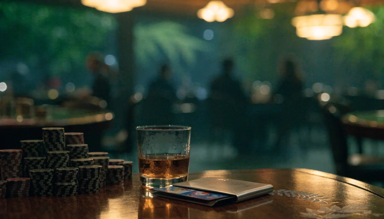 Elegant New Zealand casino lounge scene with chips and a prepaid card on a wooden table.