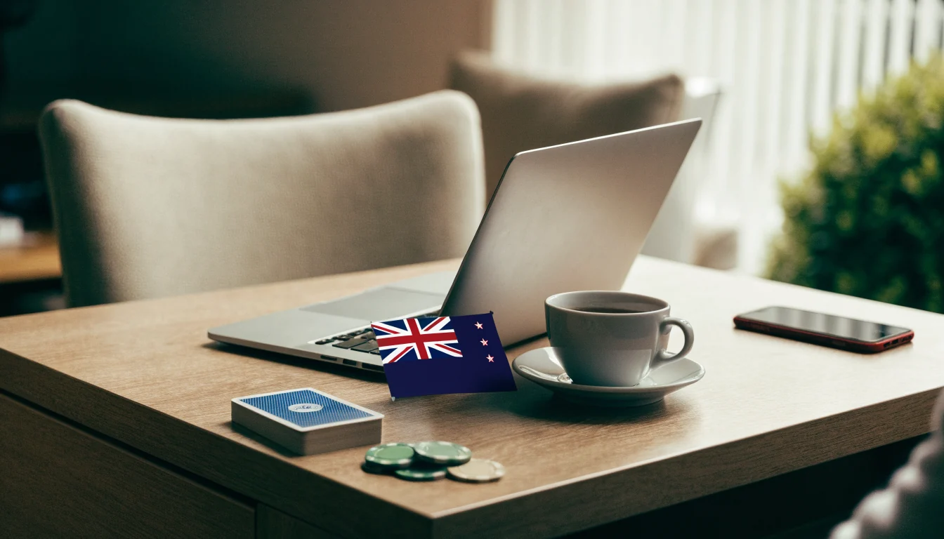 New Zealand themed table with laptop, phone, chips and cards suggesting online casino payments
