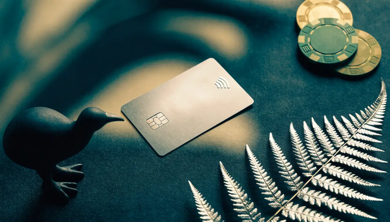 Visa card with casino chips and New Zealand silver fern on dark surface