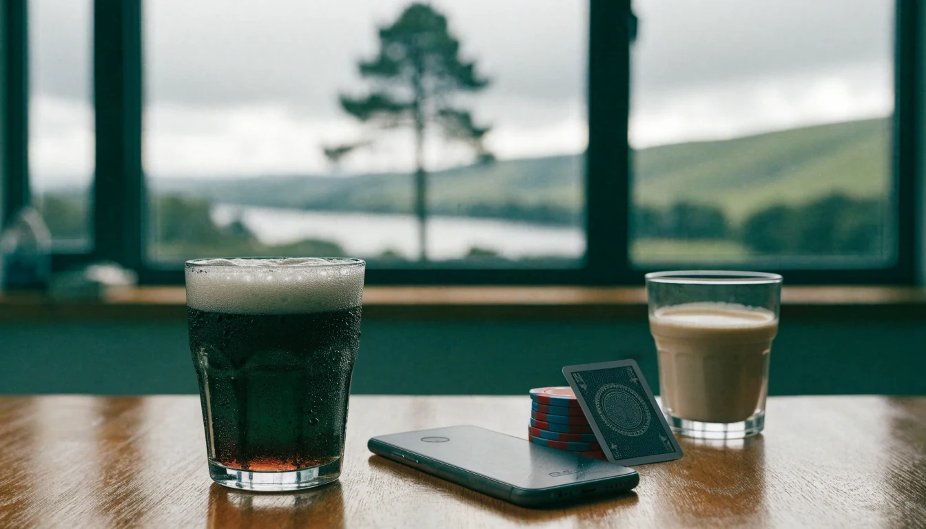 Smartphone, casino chips and card on a table with a New Zealand landscape through the window