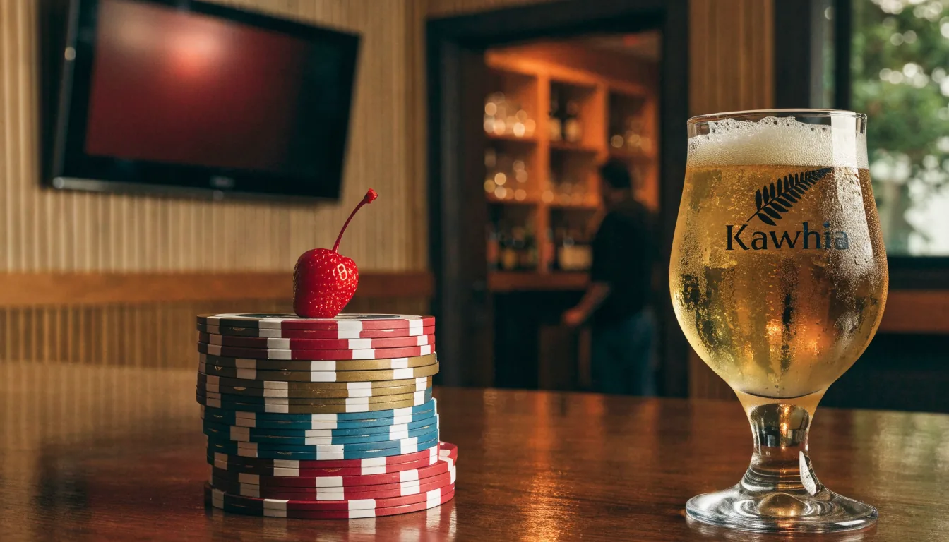 Casino chips and a craft beer on a New Zealand pub bar counter