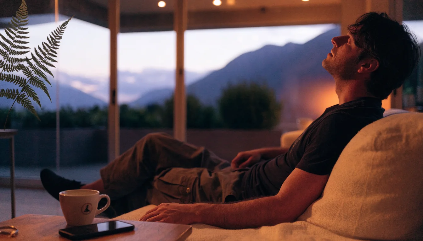 New Zealand home lounge at twilight with smartphone on coffee table