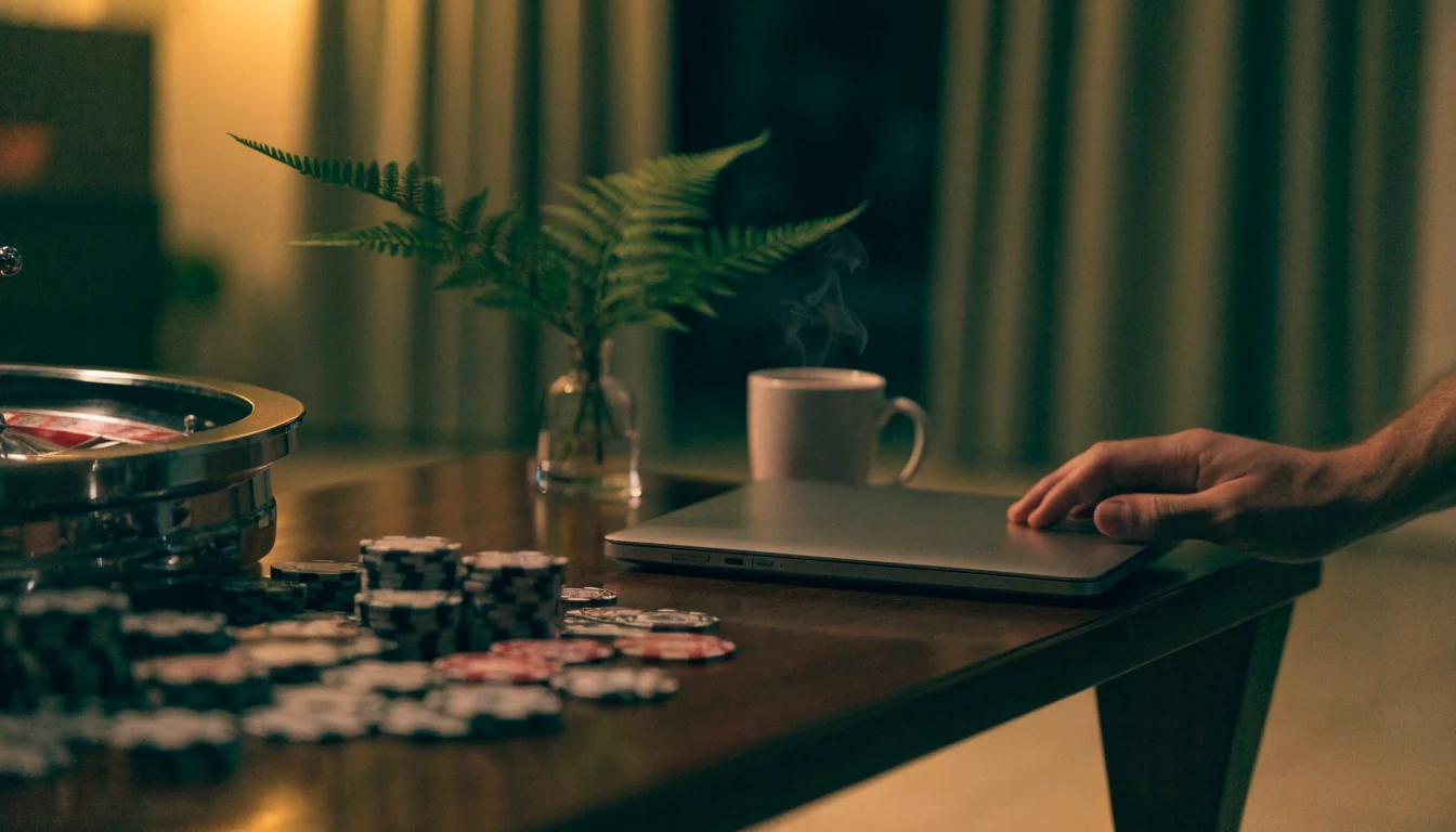 Casino chips and roulette wheel on a coffee table with a closed laptop, New Zealand home interior.