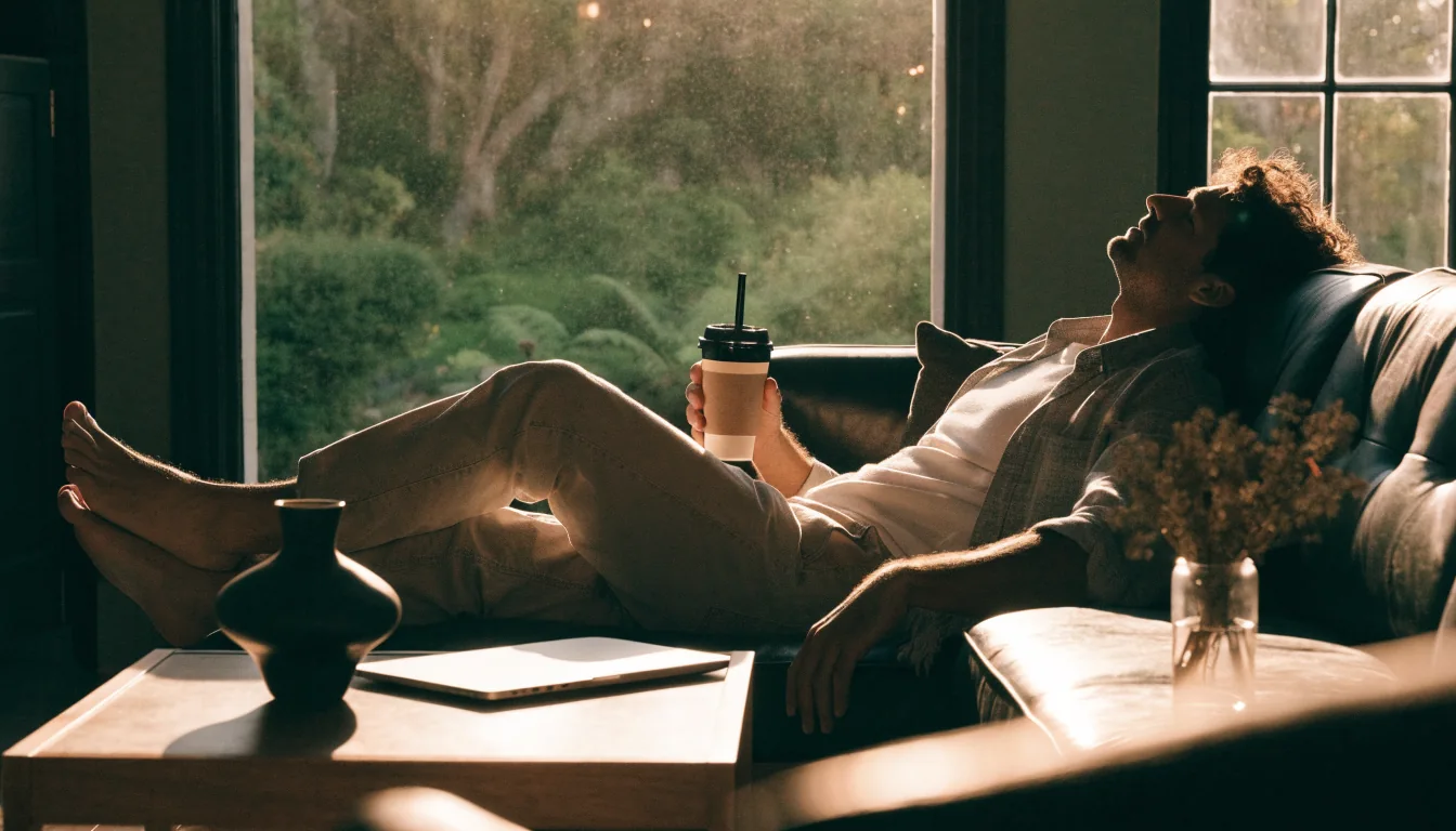Kiwi man relaxing at home with coffee and laptop in New Zealand living room