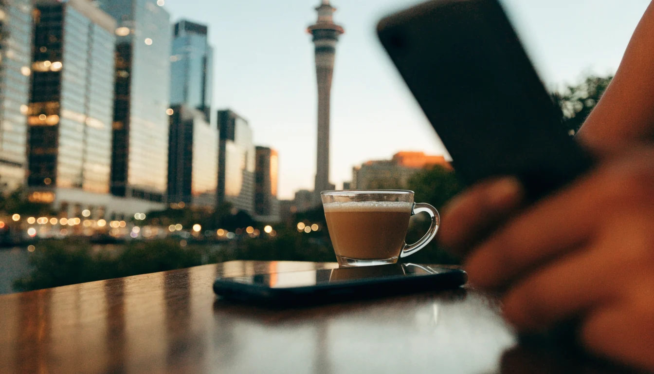 Auckland skyline with Sky Tower at dusk and a smartphone on a table