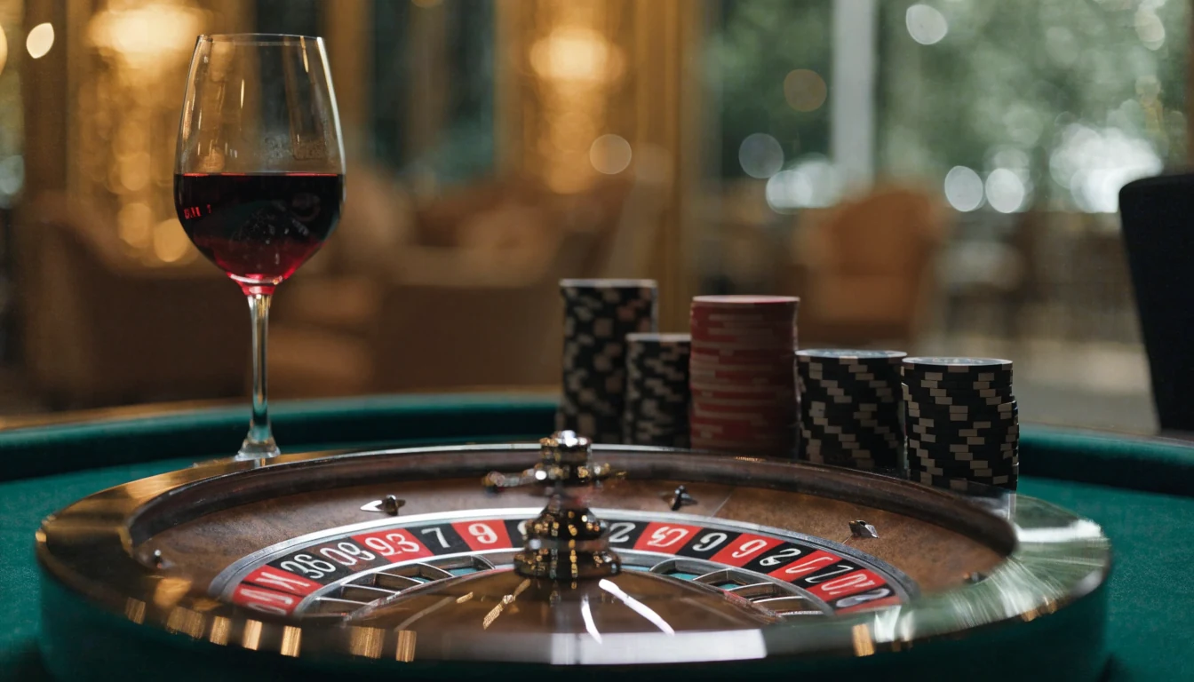 Elegant roulette wheel with casino chips on a green table in a luxurious setting.